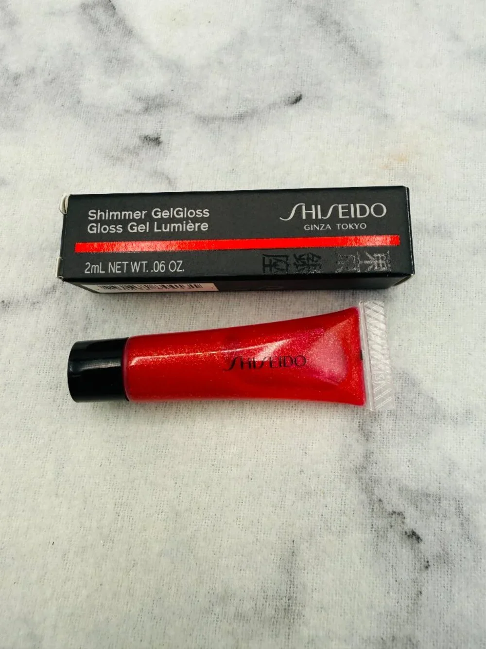 Shiseido Beauty Gift Set-Shimmer Gel Gloss 07 Shin-Ku Red,Travel-2pc-BOXED-NEW